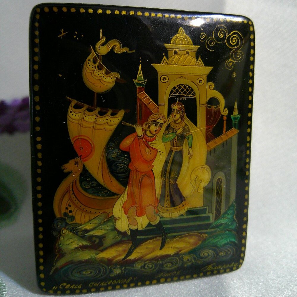 Palekh Russian Black Lacquer Box Seven Simeons семь Симеонов Signed Golikova